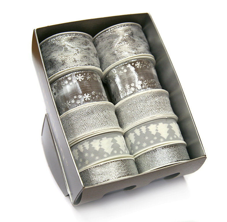 ESTUCHE CINTA TEXTIL NAVIDAD XMAS SILVER A-25/40mm. 8 ROLLOS x 3/2m. C-05