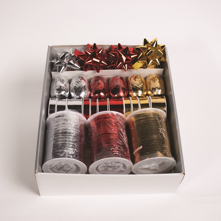 BOUTIQUE POLIPROPILENO METALIZADO 6 BARRILETES - 8 COCAS A-15mm. - 11 ROLLOS CINTA A-13/19/31mm. 10m. - 3 CARRETES CINTA A-05mm. 250m.