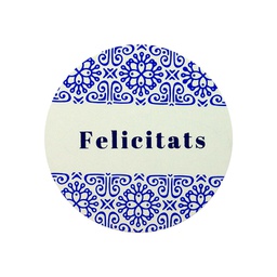 [42E157] ROLLO ETIQUETAS FELICITATS FONDO BLANCO IMPRESIÓN PELÍCULA Y TINTA AZUL ø30mm. 500ud.