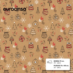 [PAK413] BOBINA PAPEL KRAFT OSCURO DISEÑO NAVIDAD 70cm. x 7,1-7,7Kg.