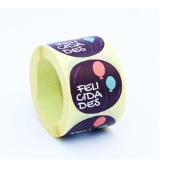 [42E195] ROLLO ETIQUETAS FELICIDADES FONDO BLANCO IMPRESIÓN AZUL, NARANJA Y MARRÓN ø45mm. 250ud.